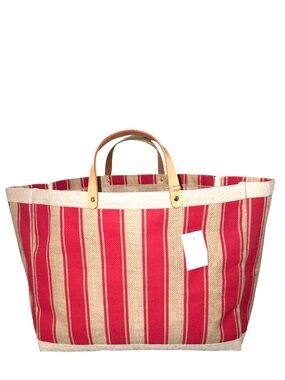 INDIA Jute & Cotton XXL Coated Burlap Tote w/Leather Handles - NWT